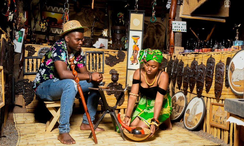 Traditional Zambian marketplace with vibrant crafts and local vendors.