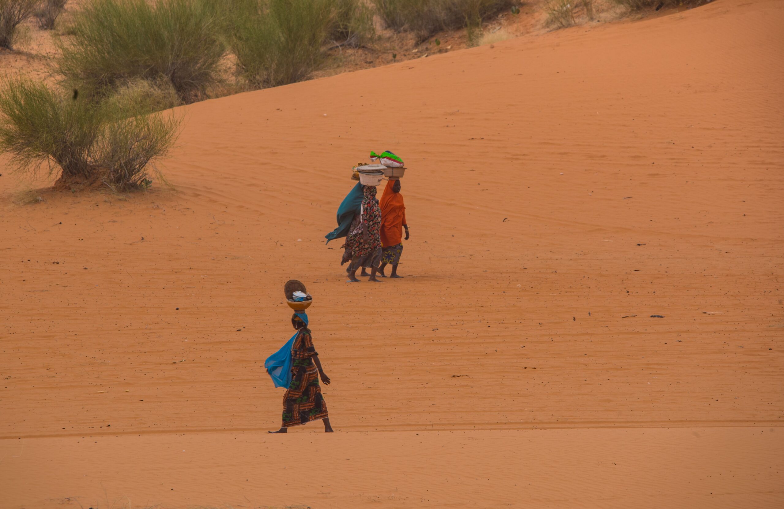 Captivating scene of women in traditional attire traversing the sandy desert in Yusufari, Nigeria.